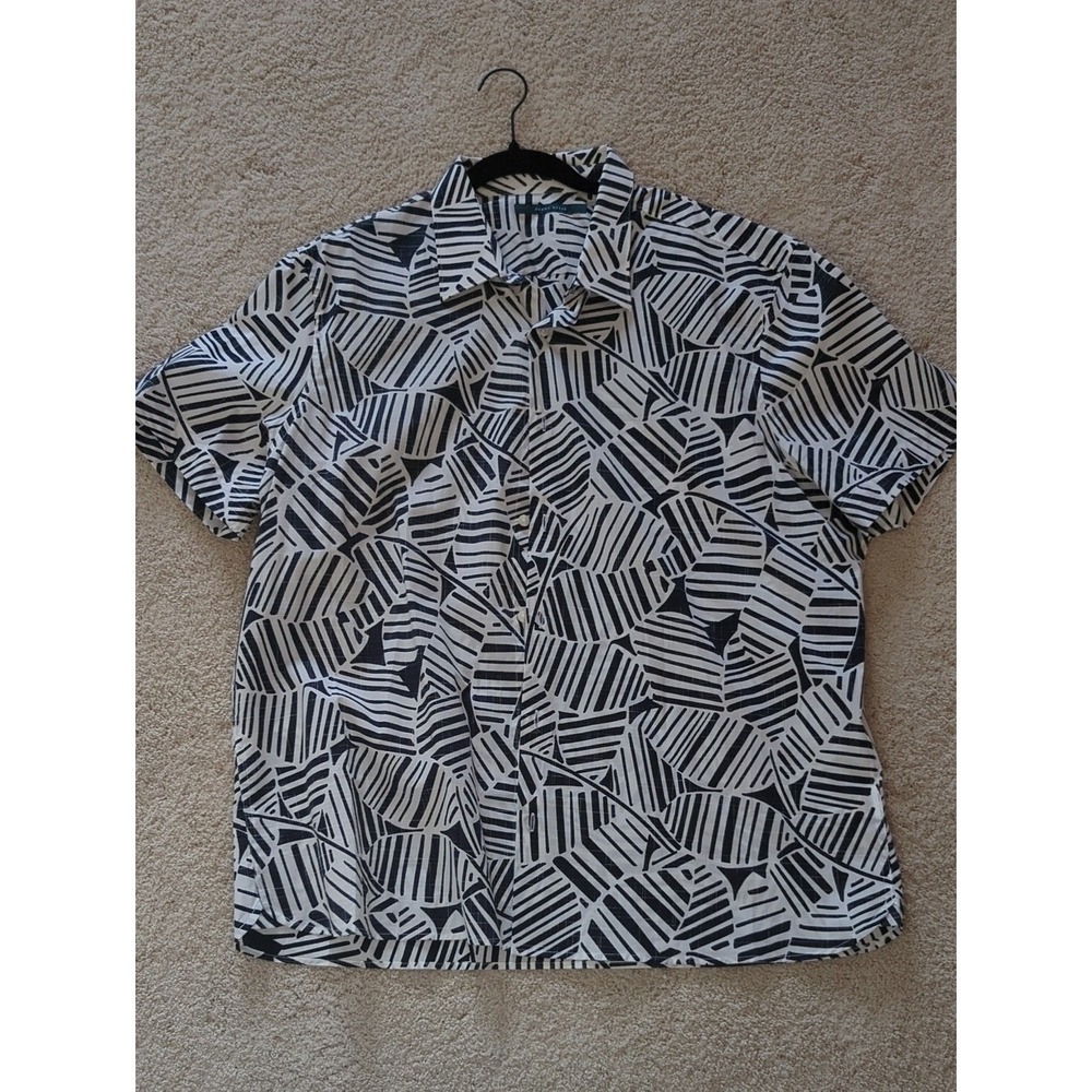 Perry Ellis Button Down Mens XXL Navy White Abstract Leaf SS Shirt Excellent